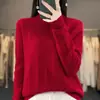 Suéter feminino de lã, sem costura, de primeira linha, gola semi-alta, cor sólida, listras verticais, emagrecimento, para o trabalho, primavera, novo suéter