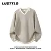 FAFC Outono Casual Americano Pesado Gola V Solto Suéter Tricô Jacquard 3D Listrado de Trança Manga Longa Camiseta Masculina