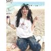 Playera estampada de hombros descubiertos y media manga con hombros caídos y divertida camiseta de manga corta de algodón puro estampada para mujer con hombros caídos y manga tres cuartos