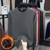 Camiseta masculina de inverno com forro de fleece, gola redonda, corte solto, versátil, casual, confortável, cor sólida, quente e espessa para aquecimento extra, camiseta estilo masculino para o inverno