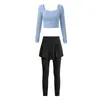 Conjunto de Yoga da Moda para Mulheres com Decote Quadrado, Temperamento, Manga Longa, Calça Falsa de Duas Peças, Sensação Nua, Roupa Esportiva para Pilates, Conjunto de Duas Peças Feminino Outono