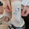 Calcetines de Algodón Blancos Sin Costuras con Parche Bordado de Gato de Dibujos Animados de Moda y Moño, Calcetines de Media Pantorrilla, Calcetines Holgados de Moda y Versátiles