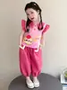 Conjunto Casual de Verano 2026 para Niñas Nuevo Vestido de Verano con Mangas Volantes de Dibujos Animados para Bebés con Pantalones de Linterna Conjunto de Dos Piezas