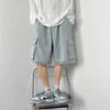 Bermudas de mezclilla BF estilo Hong Kong para hombre, verano, marca de moda, rectas, casuales, ropa de trabajo, pantalones medios, versátiles, con múltiples bolsillos con solapa, pantalones de pierna ancha, pantalones capri