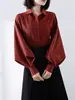 Camisa roja Ankora para mujer, otoño/invierno 2026, nuevo estilo coreano, corte holgado, adelgazante, cuello de muñeca, manga de farol, top cepillado