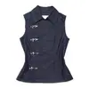 Top Sexy de Mujer Verano Y2K, Chaleco Cardigan Retro de Color Sólido Estilo Chino con Solapa Ajustado Botón Metálico