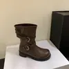 Botas de moda estilo retro Chuyuji com fivela, de cano curto, bico redondo, salto médio grosso, botas versáteis para montaria