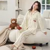 Pijama de imitación de algodón para mujer, conjunto de manga larga para primavera y otoño, rayas verticales, estampado de corazón, borde con volantes, cárdigan con lazo, ropa de casa