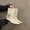 Botines Marrones de Tacón Alto y Punta Afilada para Mujer Zapatos 2025 Nuevos Botines Individuales de Primavera y Otoño Retro Hebilla de Cinturón Media Caña Botas para Pantalones