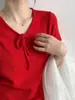 LUXI Jersey de punto para mujer con cuello de corbata 100% lana, cuello en V, manga corta, estilo versátil suave de otoño ss1110