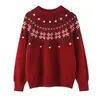 Suéter de punto con jacquard de manga larga, holgado, versátil y moderno para mujer, estilo europeo y americano, nuevo para el verano 2026, en color rojo