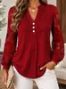 Blusa de Encaje Patchwork de Manga Larga para Mujer Otoño e Invierno Cuello en V Media Botonadura Mangas de Farol Plisadas Prenda Básica Elegante Camisa Elegante