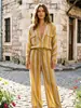 Conjunto de camisa listrada + calça pantalona de cintura alta, fornecimento direto da fábrica, novo conjunto casual de duas peças para primavera-verão feminino para o dia a dia