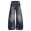 Calça Jeans de Modelagem Solta Design Punk Retrô com Manchas de Tinta Lavada Desgastada Calça Comprida Espada para Homens
