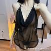 Conjunto de Lencería Sexy de Malla Transparente con Cuello Halter y Banda para el Vientre Atada. Camisón de Tentación.