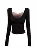 Impresionante Camiseta de Manga Larga Ajustada con Cuello en V para Mujer, Nuevo Estilo Otoño/Invierno 2025, Camiseta Base con Diseño de Malla