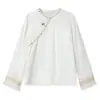 Nova Camisa Assimétrica Bordada com Contas Estilo Chinês, Patchwork de Pelo de Vison com Padrão Jacquard, Top Branco Macio Versátil para Mulheres Ny070