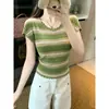 Top de Tricô Curto com Listras na Borda, Bambu e Linho, Verão/Outono, Estilo Nicho, Manga Curta, Feminino, Chique, Slim Fit, Pulôver