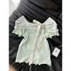 ChenlingPrecio Real Original Algodón Arrugado Doble Cara Verde Menta Camiseta de Manga Corta Verano Diseño de Top Hombros Descubiertos