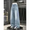 Bigodes de Gato Azul Gelo Desgastado Versátil Casal Calça Comprida Silhueta Solta Jeans de Perna Larga Homens Mulheres
