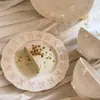 Cerámica de Color Crema Estilo Curativo Flor de Cerezo Vajilla de Cerámica Plato de Cerámica Repujado para Uso Doméstico, Plato Individual para Desayuno Postre, Plato para Aperitivos