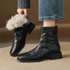 ¡Botas Gruesas de Terciopelo Elegantes y Versátiles! Botas de Moda Cuadradas de Tacón Grueso con Cremallera Trasera de Piel Genuina, Botines de Tacón Medio, Capa de Dock Grande