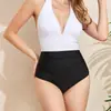 Traje de baño tipo tankini de una pieza con cuello halter y bloques de color estilo europeo y americano, cuello en V, que oculta el abdomen y estiliza la cintura, conservador, para efecto adelgazante, adecuado para playa, aguas termales y trajes de baño de vacaciones