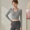 Ropa de Fitness para Mujer, Camiseta de Manga Larga con Cuello Halter de Nuevo Estilo con Almohadillas en el Pecho, Deportiva de Alta Elasticidad para Exteriores, Top de Yoga para Otoño e Invierno, Pilates