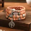 Conjunto de 4 Pulseiras Modernas Fosco Cruzamento Contas Elásticas Joias Vintage Contas Redondas Pingente Árvore da Vida Pulseira