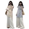 Talla Grande Verano para Mujer Gordita mm Adelgazante Look Nuevo Chinoiserie Cheongsam Mejorado Top con Abertura Pantalones de Pierna Ancha Conjunto de Dos Piezas