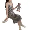 Vestido Midi de Tirantes Simple Jacquard de Burbujas con Rayas Blancas y Negras Encaje Pijama de Casa Bata de Noche