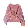 Suéter de punto grueso retro casual estilo coreano con bloques de color y rayas, cuello redondo para mujer, nuevo tejido versátil de otoño e invierno suelto para mujer
