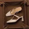 Mules Chuyuji retrô de bico quadrado e salto grosso para mulheres, sandálias de couro genuíno da moda para o verão, mules de salto alto