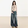 Jeans Larga de Alta Qualidade Azul Escuro com Estampa de Fogos de Artifício e Design Desgastado para Mulheres, Novo Modelo para 2025