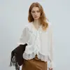 Camisa Elegante Relajada de Manga Larga con Volantes en V y Encaje Pesado Tencel Romántico/Francés COUNTOME
