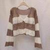 Cardigan Design listrado oco para fora blusa preguiçosa fina solta proteção solar malha nova manga comprida top suéter
