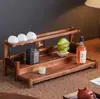 Estante de Almacenamiento para Juego de Té Nogal Norteamericano Estante de Exhibición de Doble Capa Madera Maciza Estante Escurridor para Tetera y Tazas de Té Almacenamiento de Juego de Té
