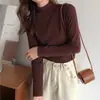 Camiseta de manga larga para mujer para otoño e invierno, una capa base de forro polar de cuello medio alto, moderna y de corte ajustado, ropa exterior cálida y elegante
