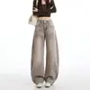 #Design Bordado no Bolso Traseiro Jeans de Perna Larga Corte Tesoura Feminino Solto Emagrecimento Escondendo Defeitos Personalidade Versátil Calças de Comprimento Total