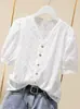 Top Básico Blanco de Cuello en V con Mangas Abullonadas Texturizadas para Mujer, Corte Holgado, Transfronterizo Europeo y Americano Amazon, para Viajar al Trabajo