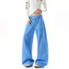 Calça de moletom com bolso bordado e fivela Paris estilo retrô americano para homens e mulheres, marca da moda outonal, calça reta com caimento solto, calça longa casual ampla