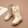 Botas Altas Quentes de Lã com Laço Doce e Pérolas para Meninas 2026 Outono Novo Estilo Coreano Casual Solado Macio Botas de Couro