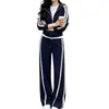 Conjunto de dos piezas para mujer: chaqueta a rayas con capucha y cremallera de estilo deportivo casual + pantalones largos anchos con cordón