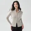 26 Cardigã de Cashmere com Zíper Duplo Listrado Novo Estilo Suéter Feminino Gola Alta Outono e Inverno Nova Jaqueta de Cashmere Slim Fit