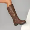 Botas de cuero de caña alta para mujer de otoño e invierno, talla 35-45, tacón cuadrado, color sólido, punta redonda, suela gruesa, antideslizantes, talla grande, transfronterizo