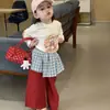 Conjunto de Dos Piezas para Niña 2026 Estilo Coreano Primavera-Verano Camiseta de Manga Larga con Estampado y Panel Trasero a Cuadros y Pantalones Casuales de Pierna Recta
