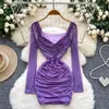 Vestido de Malla Femenino Sexy con Cuello en V Retorcido y Mangas Largas 2025 Otoño Falda de Chica Caliente con Cintura Plisada que Cubre la Cadera