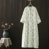 Vestido Largo Estampado para Mujer Primavera/Verano 2026, Doble Capa de Gasa, Tallas Grandes, Vestido Camisa con Cuello Alto, Mangas Tres Cuartos