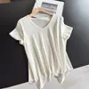 2026 Nuevo Estilo Lino Adelgazante Cuello en V Versátil Manga Corta Camiseta Crop Top Blusa Delgada para Mujeres Venta al por Mayor H21Dt011