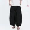 Calças cropped largas leves de verão estilo chinês para homens, novas calças esportivas lanterna soltas respiráveis de algodão e linho retrô chinês